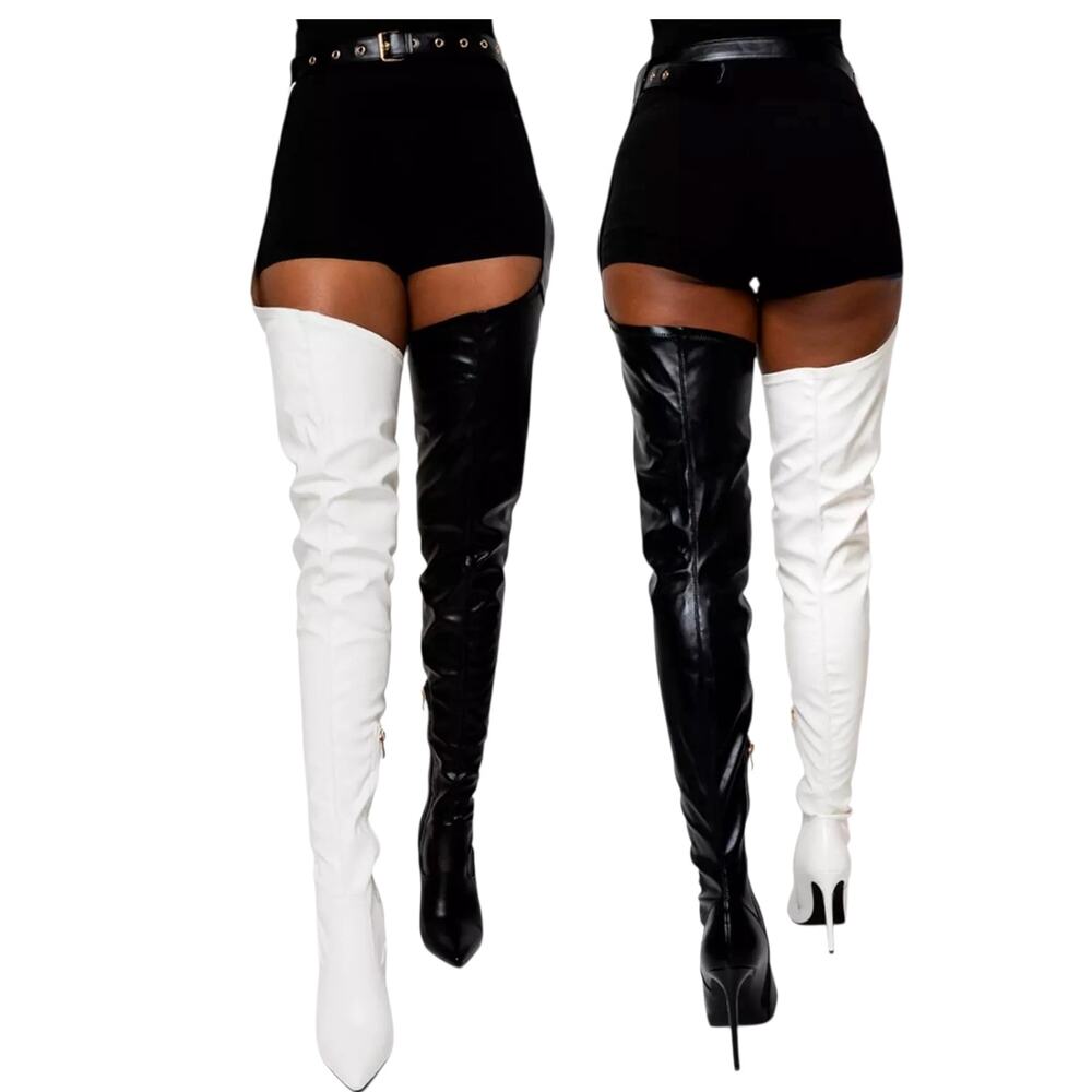 Azalea Wang Women's 'Opposites Attract' Belt Chap Boots Heels White Black Size 9
